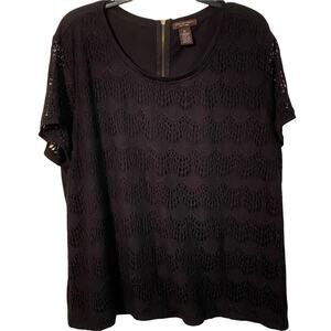 Linda Matthews Black Lace overlay zip up back top 3X